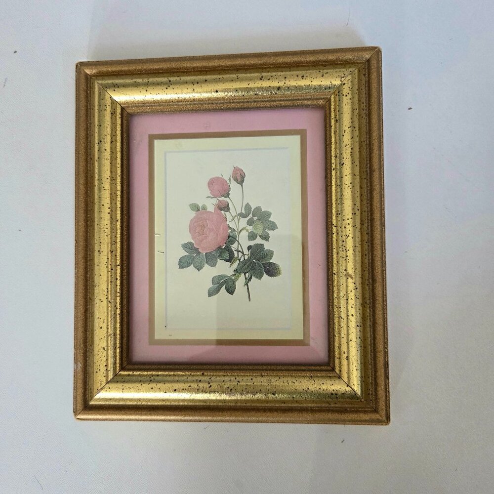 Vintage floral picture in golden frame with glass. Made in Canada.
